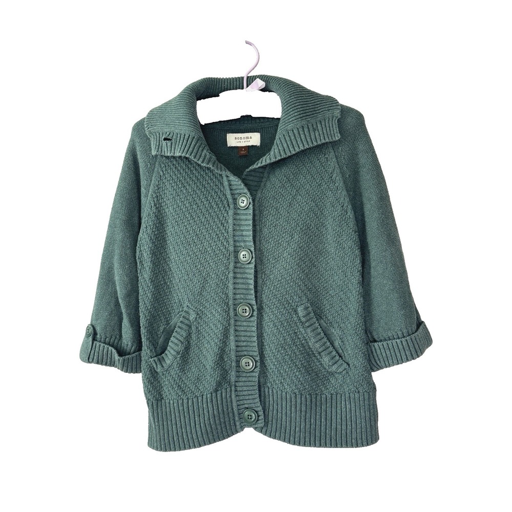 VTG Y2K Sonoma Women Small Cardigan 3/4 Sleeve Chunky Knit Preppy Fairy Grunge